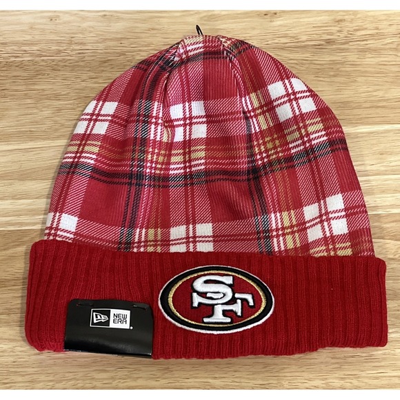 NFL 49ers New Era Sideline Statement Knit Red Plaid Beanie Hat NWT - Picture 1 of 4